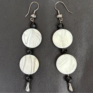Black & White Zebra Dangle Earrings w/ black and silver beads, 3.5” drop, EUC